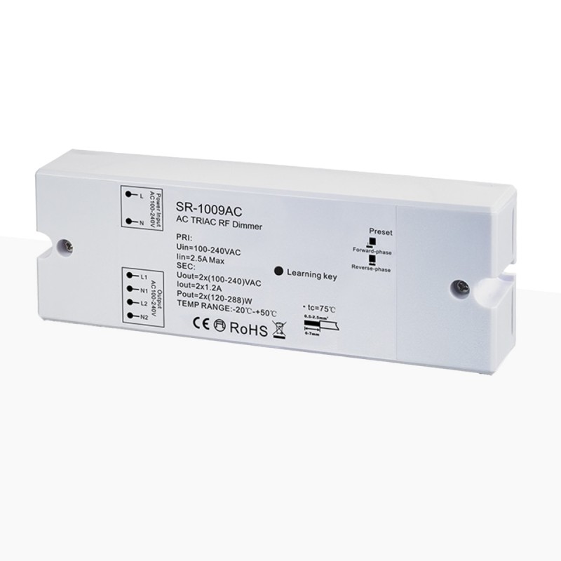 Controlador monocolor dimable - AC TRIAC RF Dimmer - 2 canales 1,2A/ch - 100-240VAC Sunricher - Perfect RF