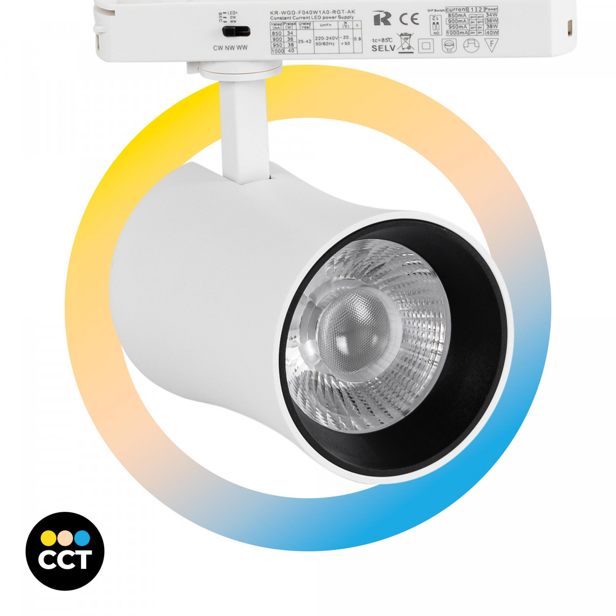 Proyector LED arquitectónico para carril monofásico CCT - 40W - CRI 90 - Driver KGP