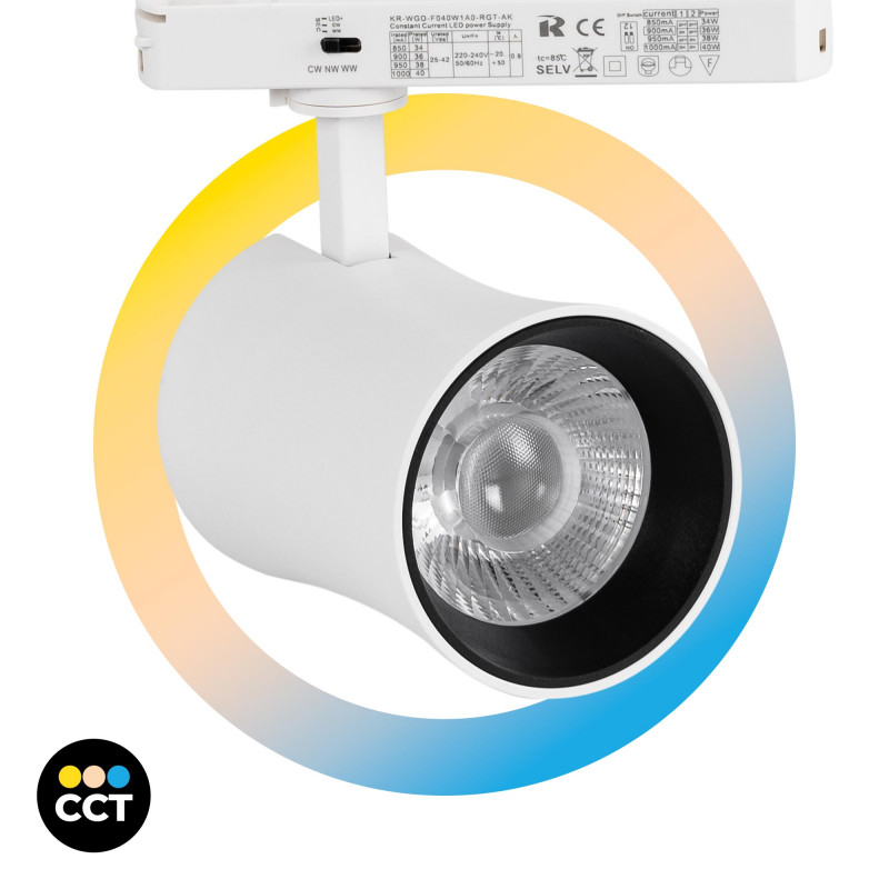 Proyector LED arquitectónico para carril monofásico CCT - 40W - CRI 90 - Driver KGP