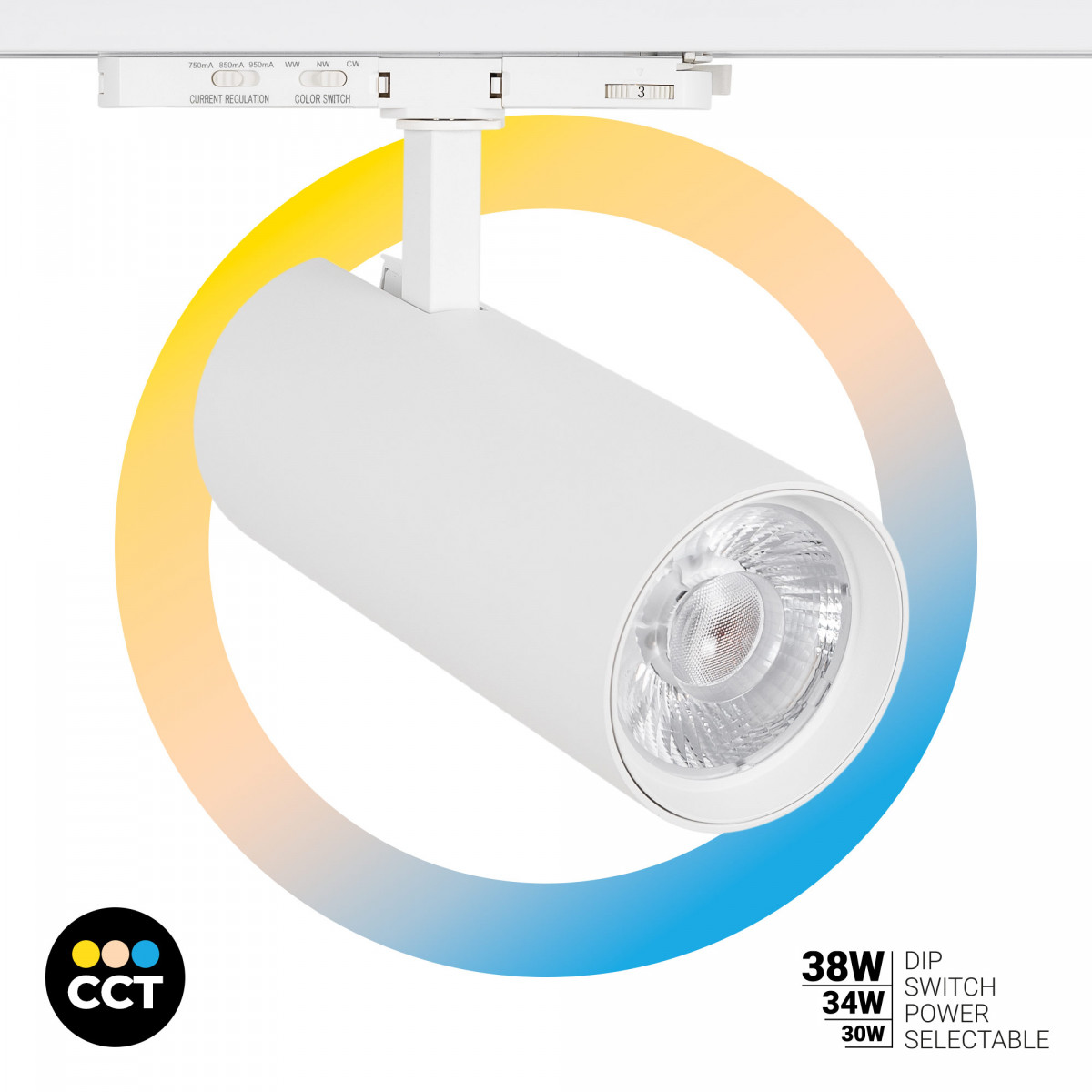 Proyector LED para carril trifásico - Potencia ajustable: 30W/ 34W/ 38W - CCT - CRI 90