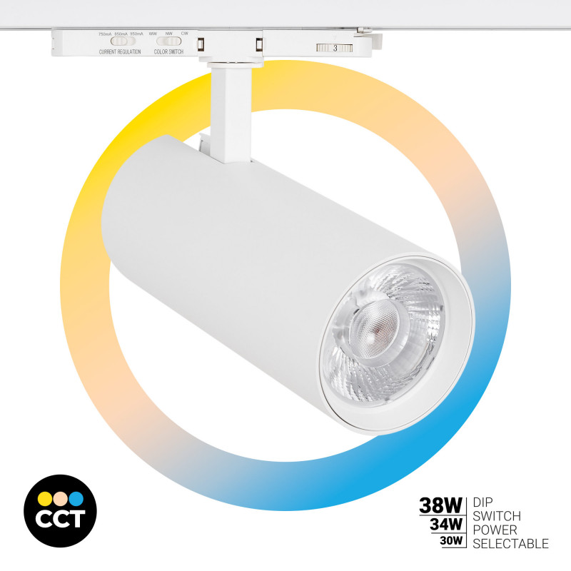 Proyector LED para carril trifásico - Potencia ajustable: 30W/ 34W/ 38W - CCT - CRI 90