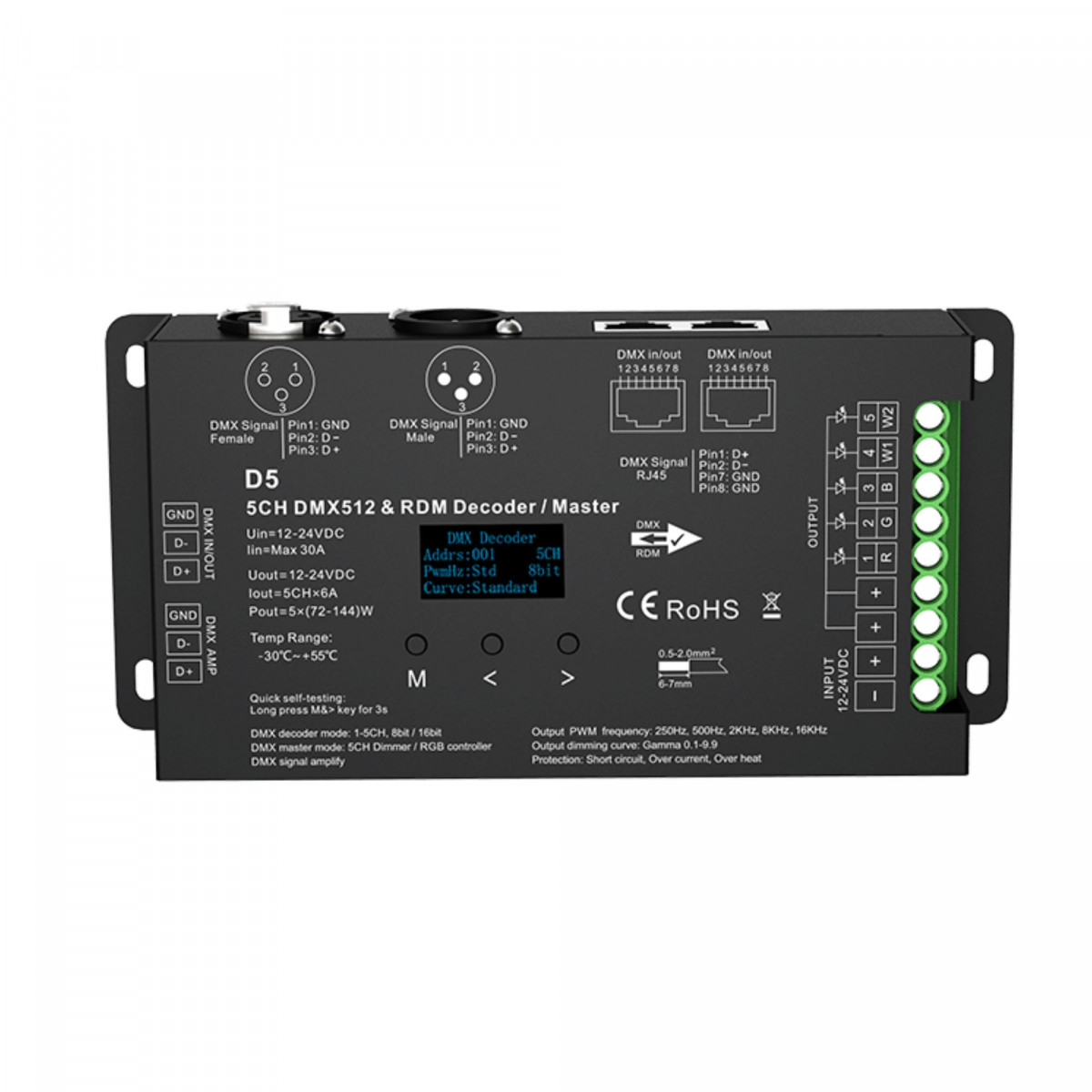 DMX512 Decoder 12-24V DC - 6A/Kanal - 5 Kanäle - OLED Display - LED Streifen