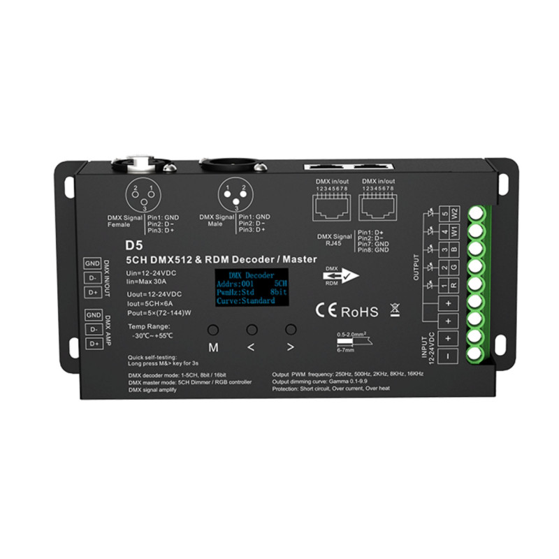 DMX512 Decoder 12-24V DC - 6A/Kanal - 5 Kanäle - OLED Display - LED Streifen