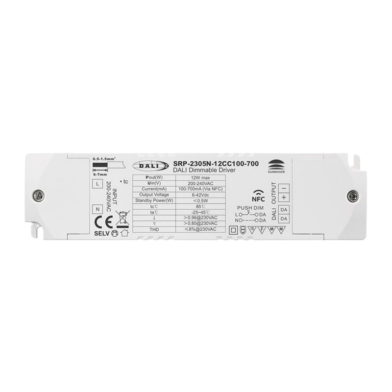 Dimmbarer DALI-Treiber DT6 einfarbig 220-240V - Ausgang 6-42V DC - 100-700 mA - 12W - DALI 2 Protokoll