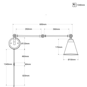Schwenkbare Vintage-Wandleuchte „Tika“ mit Kabel und Stecker - Abmessungen