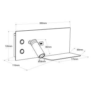 Lese-Wandleuchte mit USB-Anschluss „Kerta“ - Doppelte Beleuchtung - 3W+7W - Abmessungen