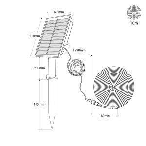 Solar LED Streifen für den Außenbereich mit Fernsteuerung 40W - 12mm - 10 Meter - 2700K - IP65 - Abmessungen