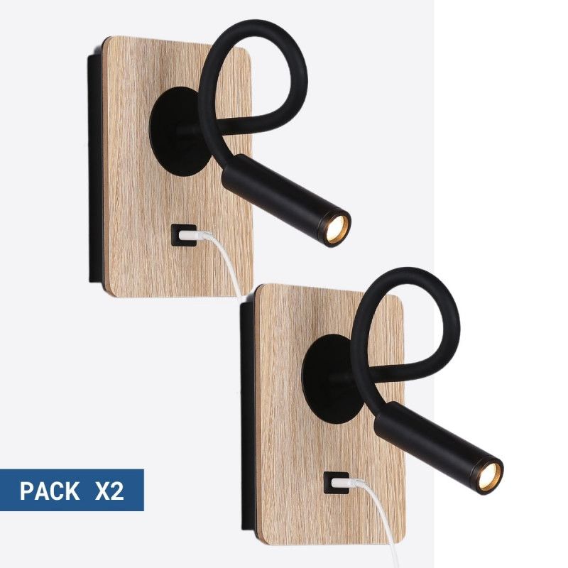 Pack x 2 - Flexible Wandleuchte mit USB Anschluss LONDON USB - CREE LED - 3W - Schwarz - LED Lesearm, Leselampe