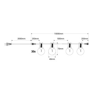Lichterkette für Außen 15 + 2 m - 30 x LED Lampen E27 G40 1W - IP44 - Warmweiß - Outdoor Lichterkette Abmessungen