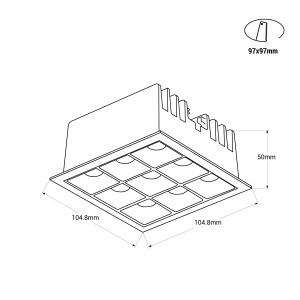 LED Deckeneinbauspot Downlight 18W - neun Spots - UGR18 - CRI90 - OSRAM LED - Weiß - Abmessungen Einbauleuchte