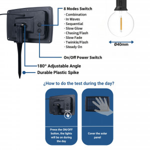 Solar Lichterkette outdoor - 25 x E27 LED Lampen - IP44 - 9,2 Meter - 8 Modi, Einstellung, Effekte, in Szene setzen, Solarmodul