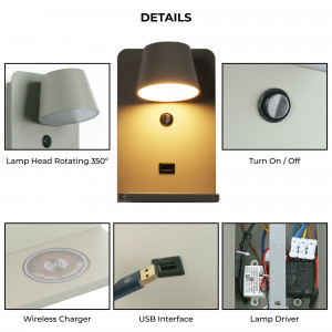 Wandleuchte mit USB-Anschluss "BASKOP W" - 6W - Kabellose Ladestation