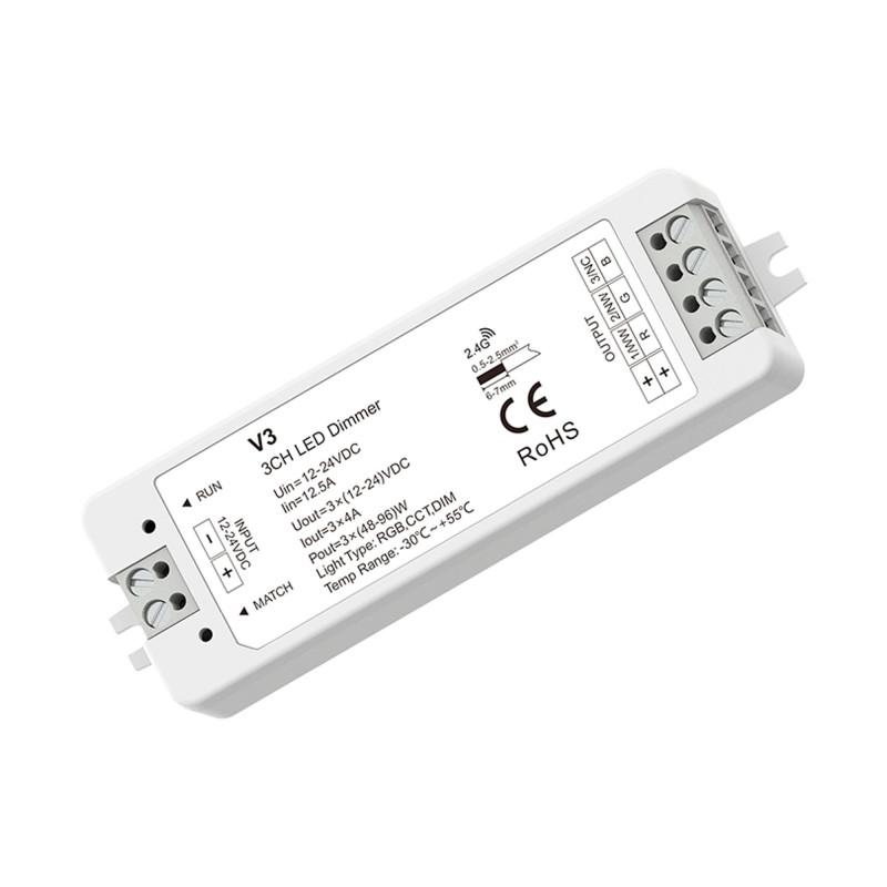 Einfarbig/CCT/RGB Controller 12-24V DC - 3 Kanäle - 4A/Kanal - RF 2.4GHz - Skydance