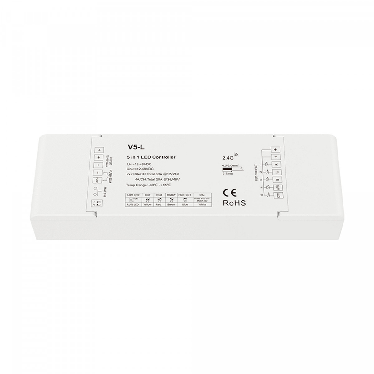 Einfarbig/CCT/RGB/RGBW/RGB+CCT 12-48V DC - 5 in 1 - RF 2.4GHz - PUSH Dimmer - Skydance