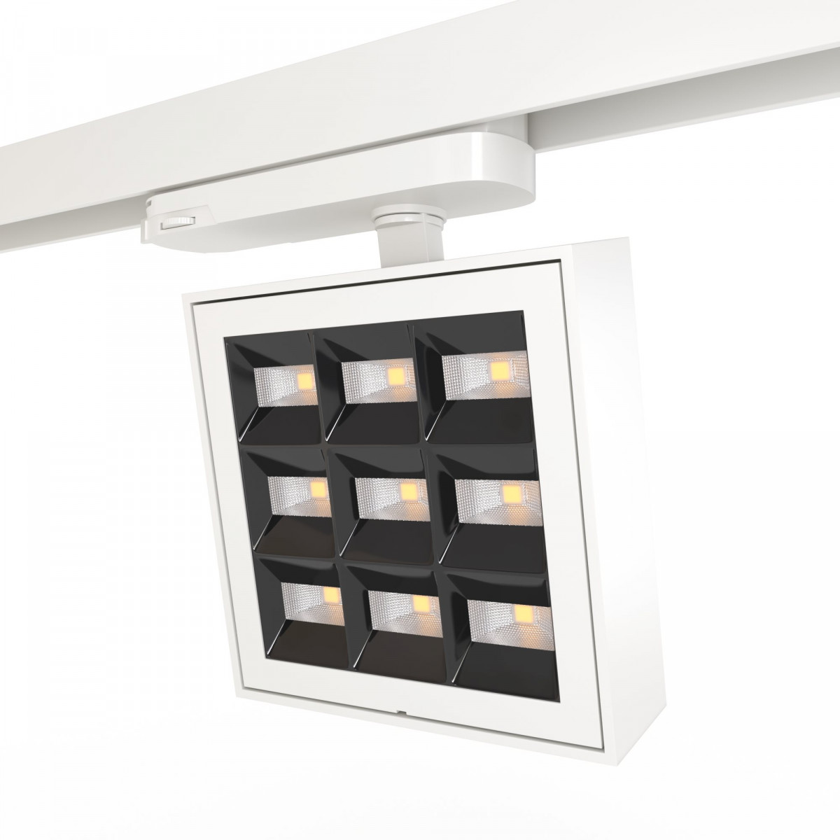 Quadratischer LED 3-Phasen-Schienenstrahler – Einstellbare Leistung: 12-42W – 4000K – CRI 90 – Abstrahlwinkel 35° x 70°