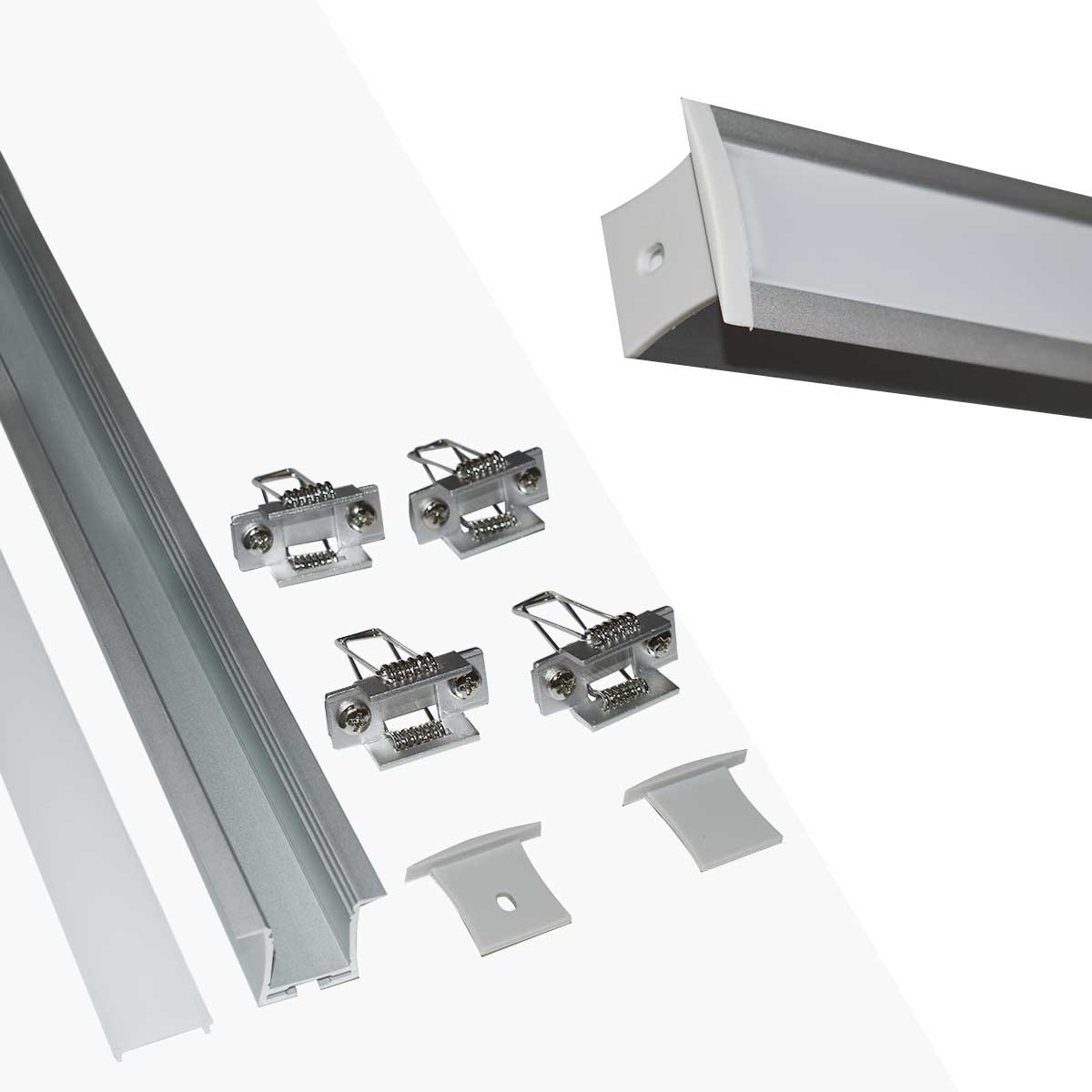 Aluminum profile for recessed LED strip with diffuser - 4 clips - 2 covers  - 36x28mm - 2 meters