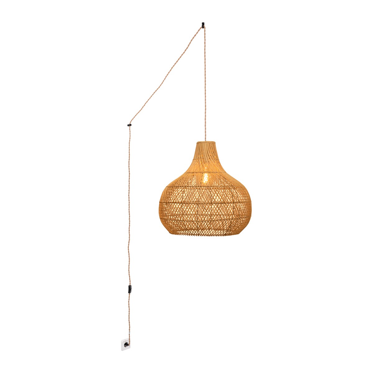 Large wicker pendant lamp with cord, plug and switch