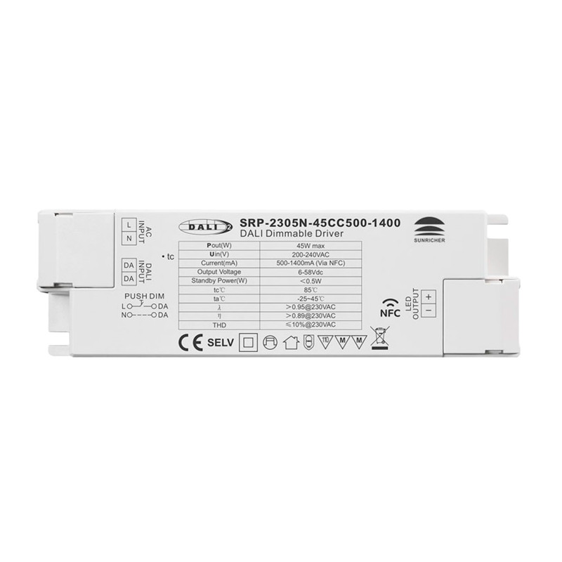 DALI dimmable DT6 Single color driver 220-240V - Output 6-58V DC - 500-1400mA - 45W