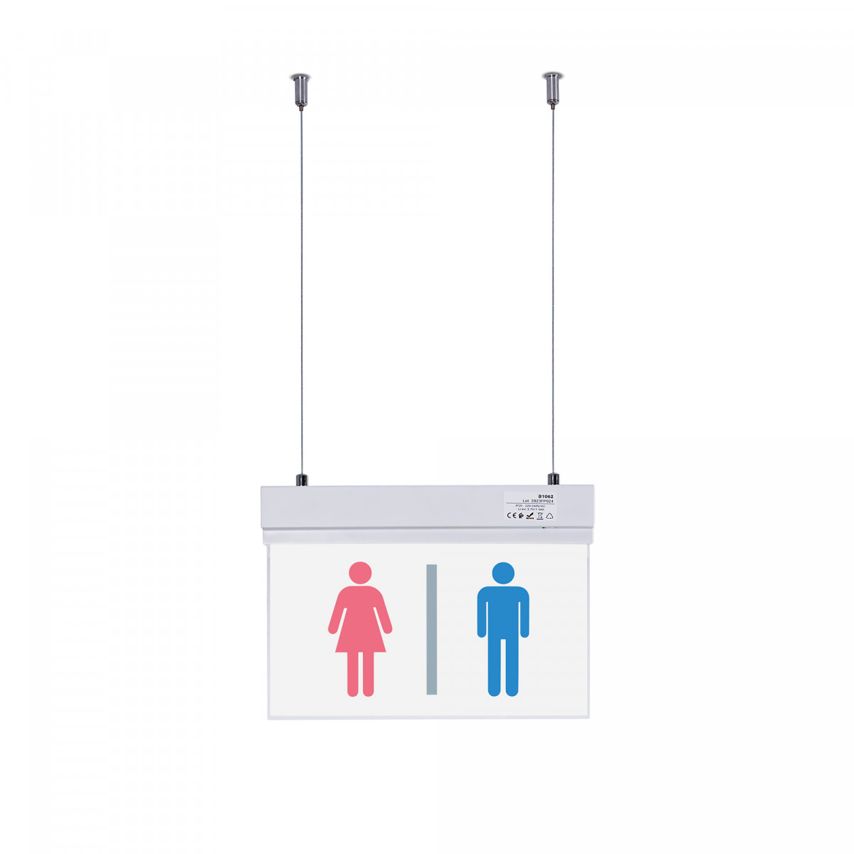 Hanging permanent emergency light with "Toilets" pictogram