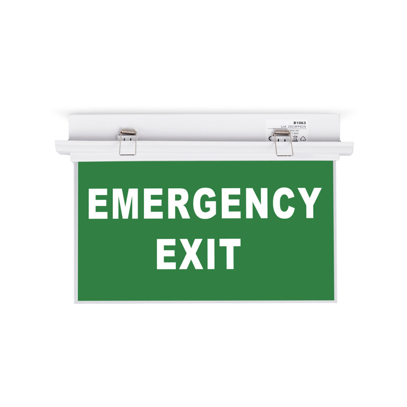 Recessed permanent emergency light with "Emergency Exit" sign