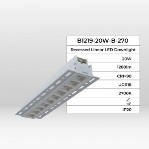 Recessed linear LED spotlight for plasterboard - 20W - UGR18 - CRI90 - White