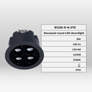 Recessed round LED downlight - 8W - Osram Chip - UGR18 - Cutout Ø 58mm - Black