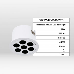 Recessed round LED downlight - 12W - UGR18 - Cutout Ø 70mm - White