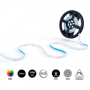 RGB COB LED Strip - 24V DC - Lateral emission - 12W/m - 10mm - IP20 - 5cm cut - 5 metres roll