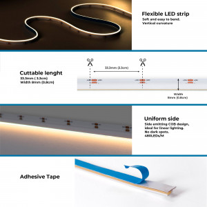 COB Single colour LED Strip - 24V DC - Lateral emission - 9W/m - 8mm - IP20 - 3cm cut - 5 metres roll