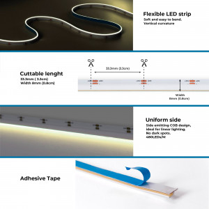 COB Single colour LED Strip - 24V DC - Lateral emission - 9W/m - 8mm - IP20 - 3cm cut - 5 metres roll