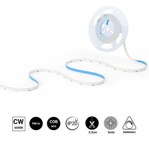 COB Single colour LED Strip - 24V DC - Lateral emission - 9W/m - 8mm - IP20 - 3cm cut - 5 metres roll