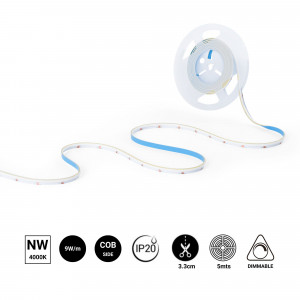 COB Single colour LED Strip - 24V DC - Lateral emission - 9W/m - 8mm - IP20 - 3cm cut - 5 metres roll