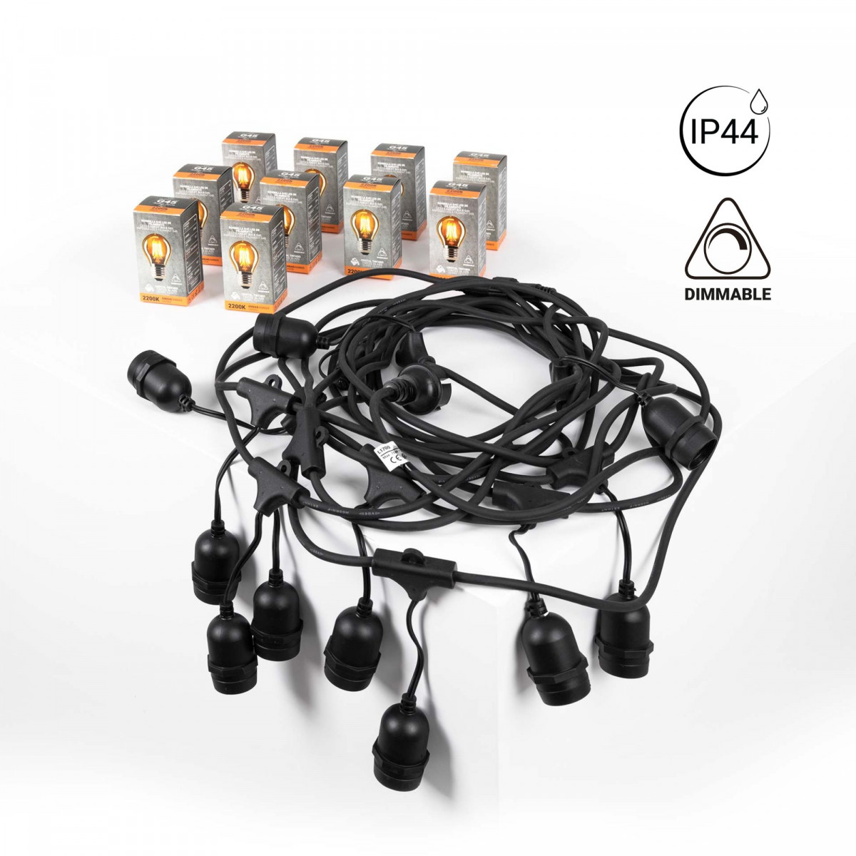 Outdoor light garland kit 11,5 meters + 10 dimmable LED bulbs G45/E27 filament 4W - 2200K - IP44