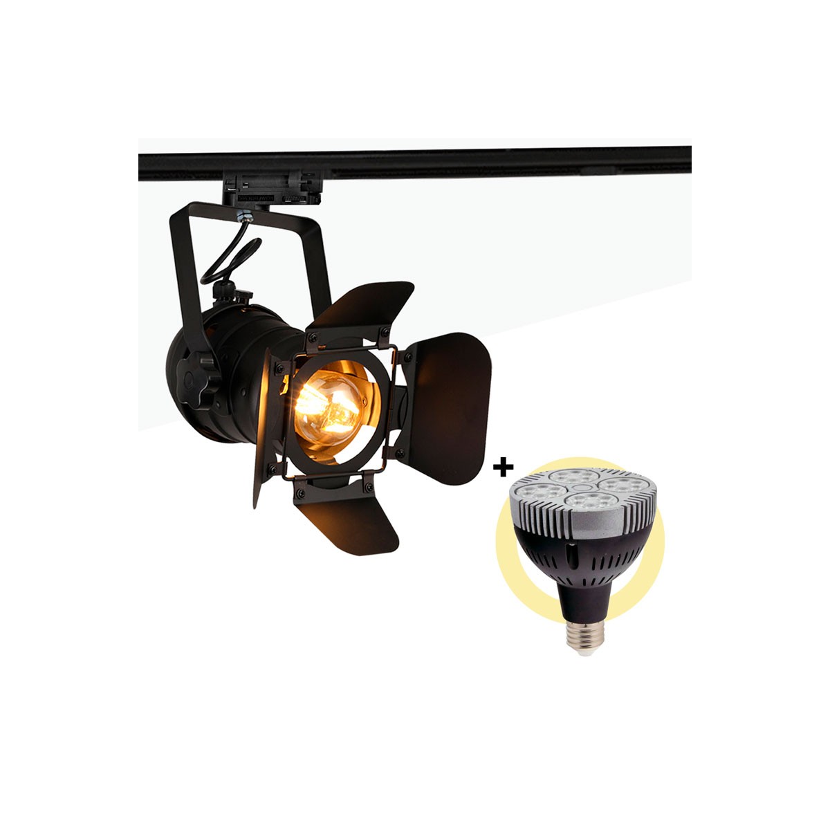 Pack Foco de carril trifásico orientable "CINEMA" con Bombilla LED PAR30 E27