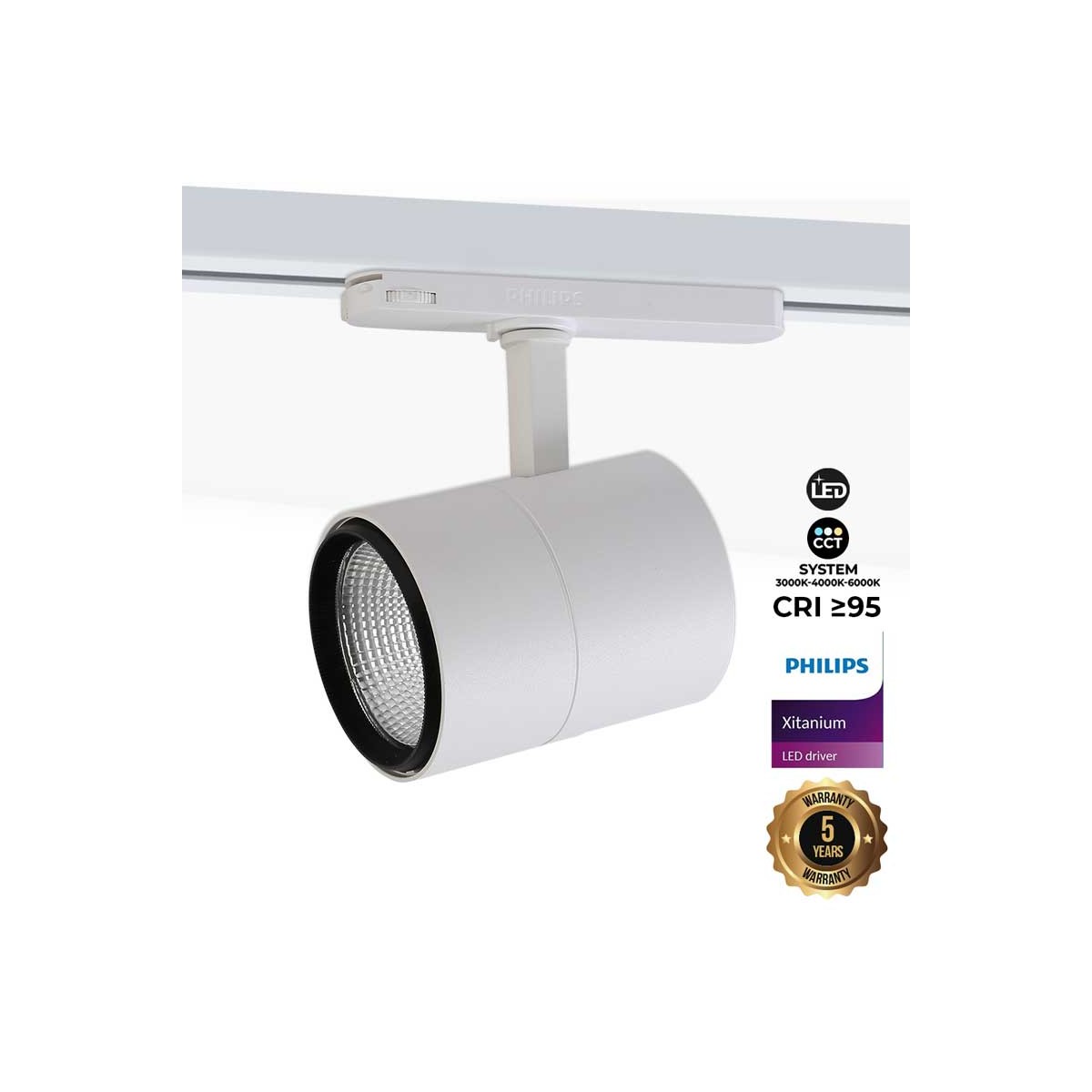 Foco LED para carril trifásico CCT 42W - CRI 95 - Driver Philips Xitanium integrado