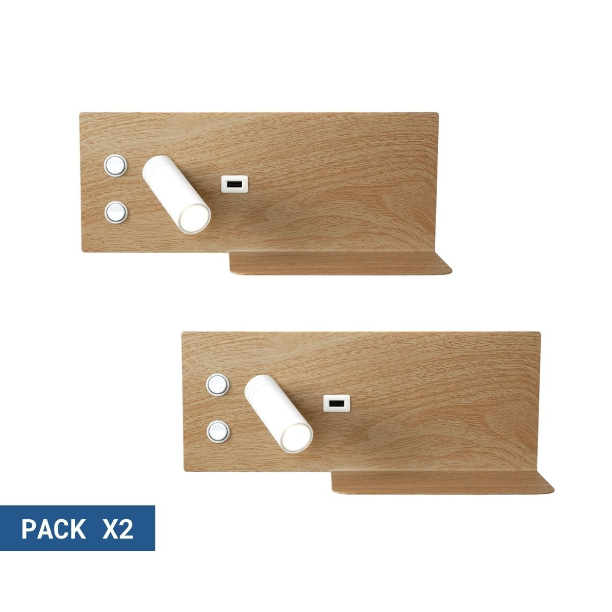 Pack x 2 - Aplique de pared para lectura con puerto USB "Kerta" - Iluminación doble - 3W+7W  - Marrón