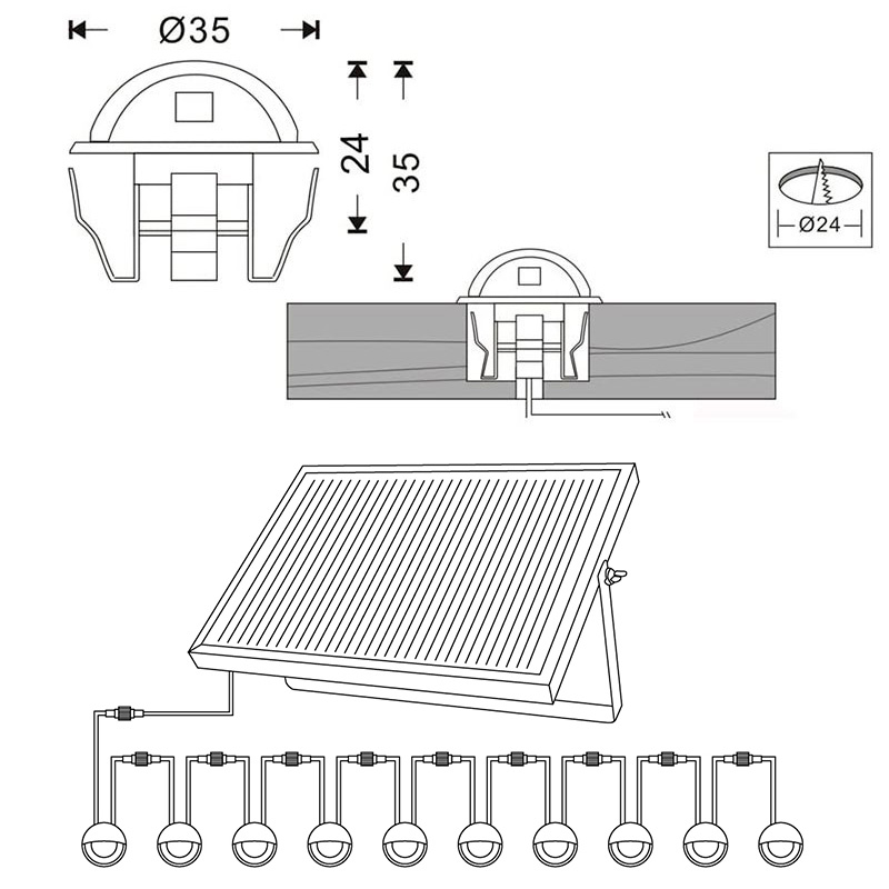 10 Balizas LED empotrables en suelo con Panel Solar IP67 12V-DC