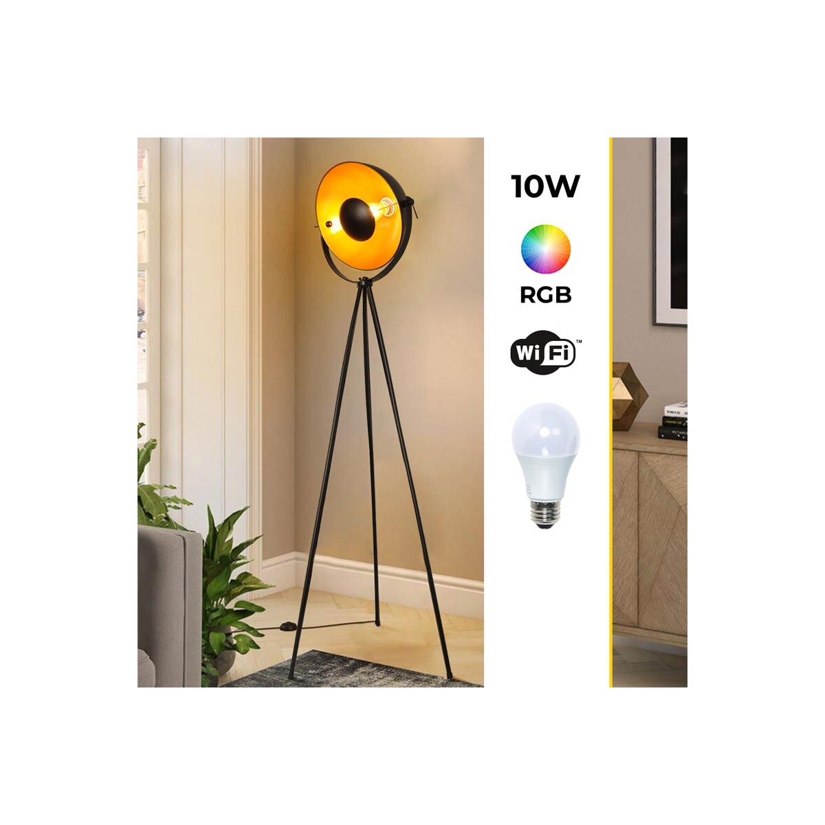 Lampada da terra vintage con treppiede "Galilen" + lampadina RGBW + CCT WiFi - 9W