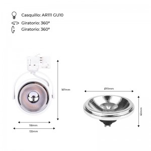 Confezione Faretto LED a binario 3 fasi + lampadina LED AR111 GU10