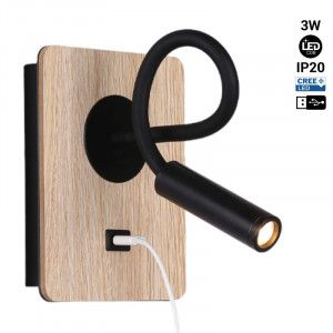 Applique nero con 2 luci led indipendenti e porta usb ROB