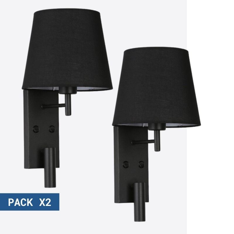 Pack x 2 - Applique da parete "NOAH" con luce di lettura a LED 3,4W - Nero