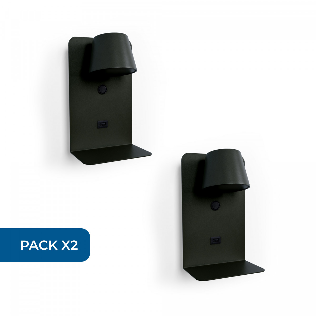 Pack x 2 - Lampada da lettura a parete con porta USB "BASKOP" - 6W - design verticale - Nero