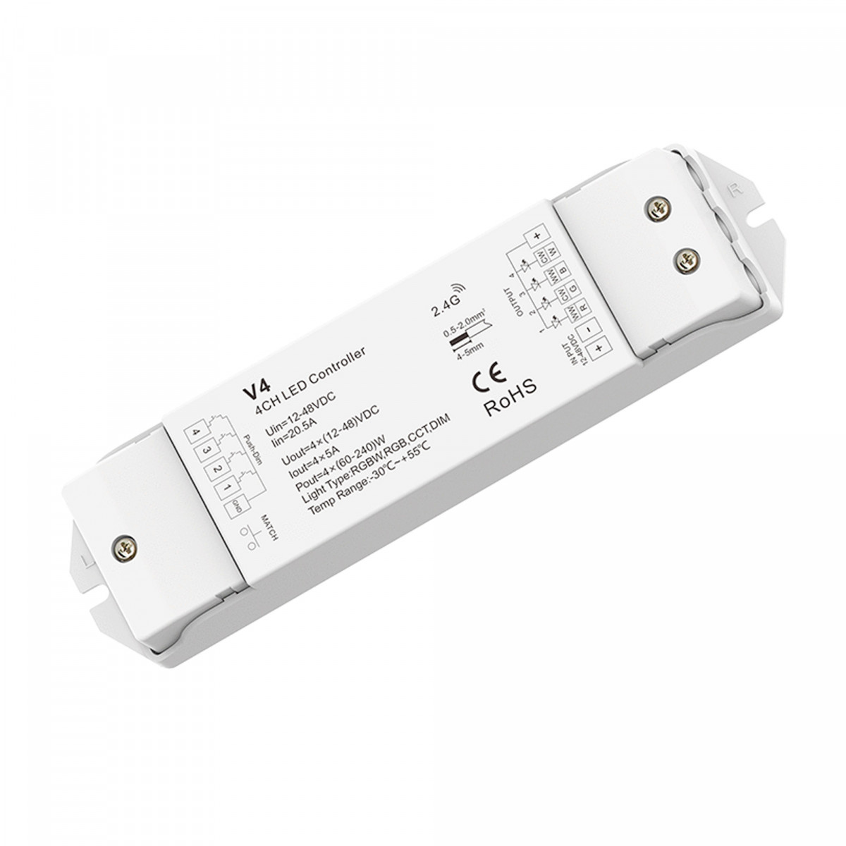 Controller RGBW/RGB/CCT/Monocolore 12-48V DC - 20A (5A/canale) - RF 2.4G - PUSH Dimmer - Skydance