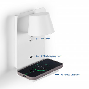 Applique da parete lettura con porta USB "BASKOP W" - 6W - Base di ricarica wireless