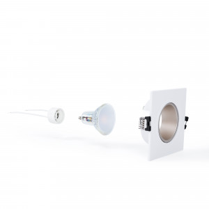 KIT Anello downlight quadrato 93x93mm (bianco/champagne) + Lampadina GU10 5,4W + Portalampada