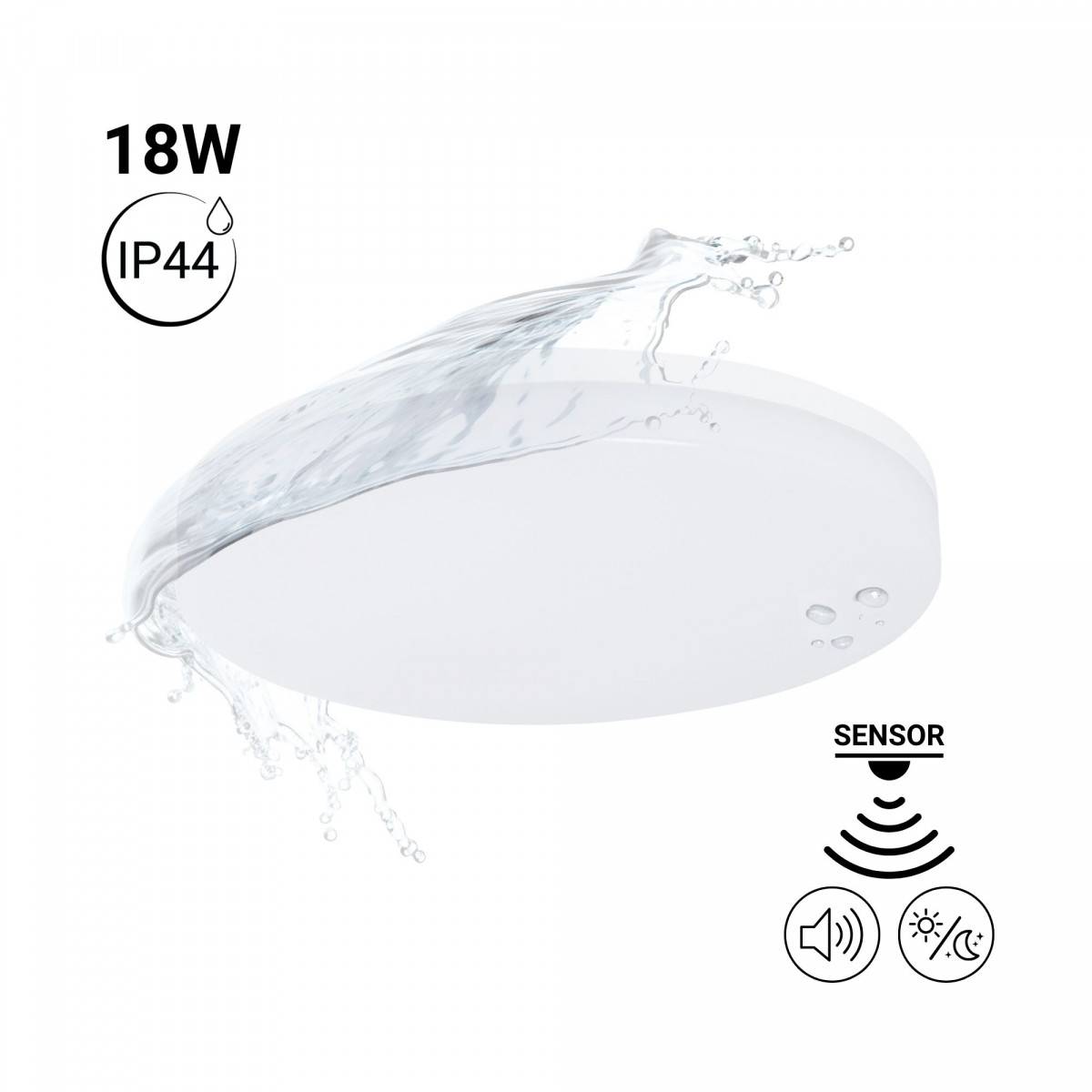 Plafoniera LED 18W - Sensore acustico + sensore crepuscolare - IP44 - Ø26 cm