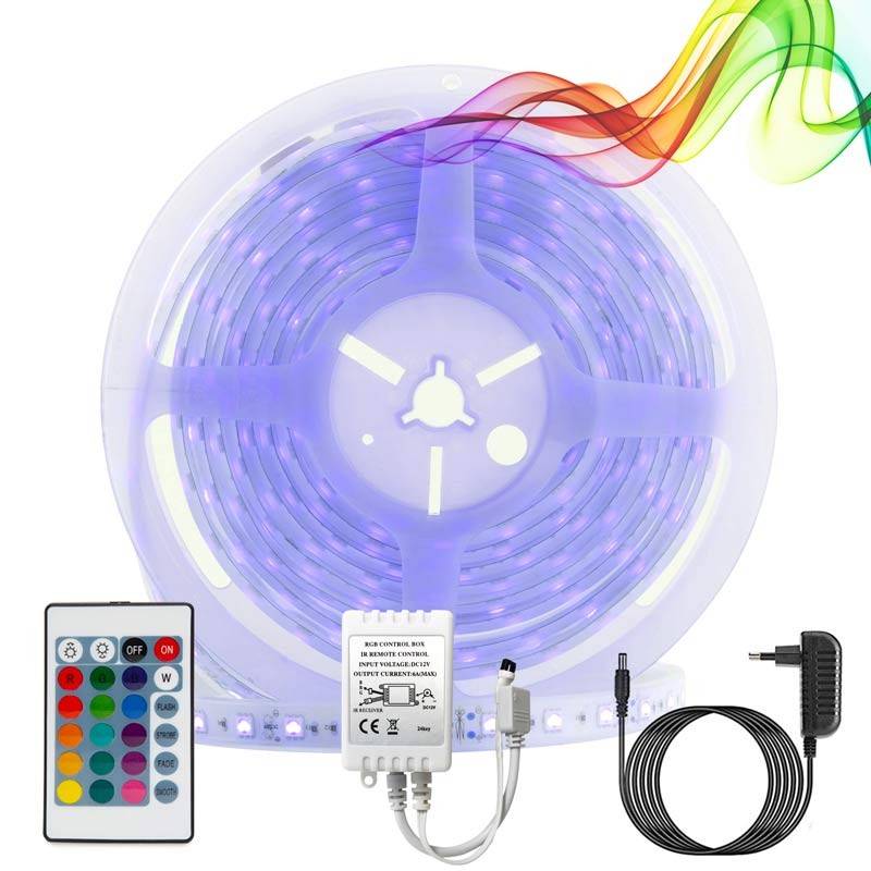 5 m RGB LED-stripkit met voeding, afstandsbediening en controller