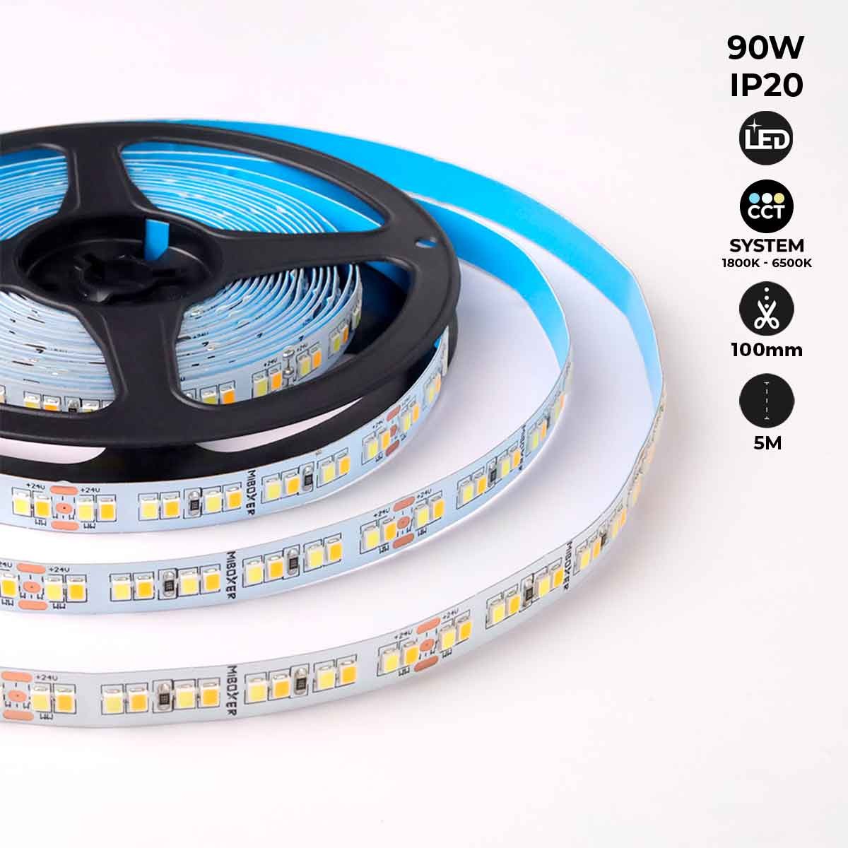 LED Strip 24V-DC - 90W - dimbare kleurtemperatuur CCT - 1800-6500K - SMD2835 - 5 meter rol