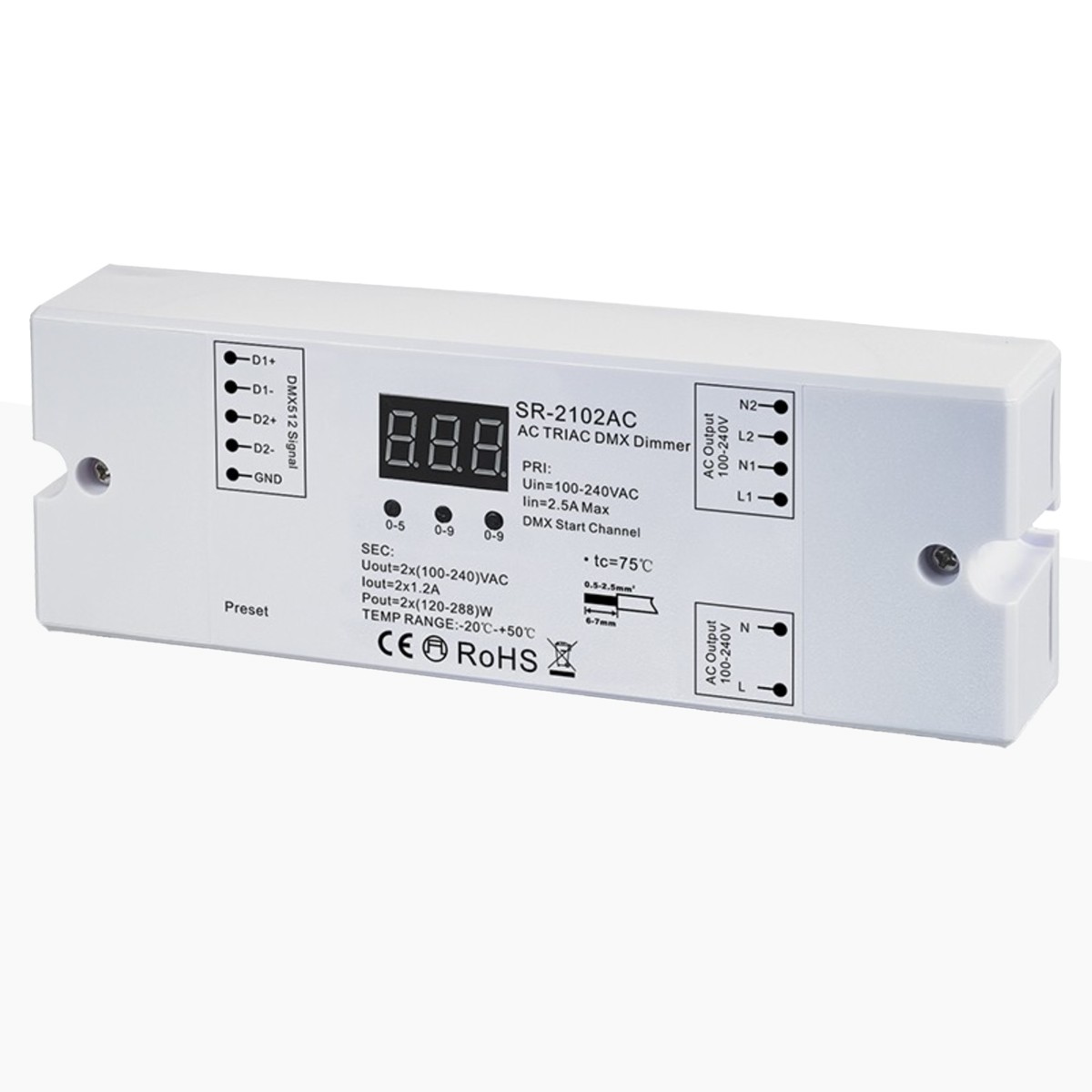 AC TRIAC Regelaar - DMX Dimmer - 2 kanalen 1,2A/CH 100-240V