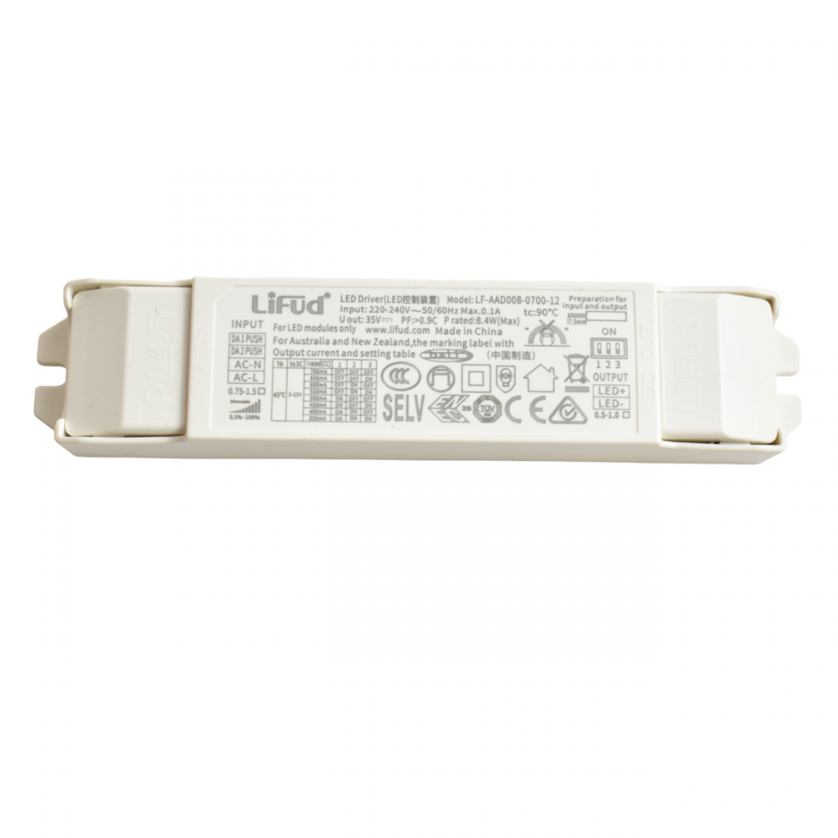 LIFUDriver constante stroom dimbaar DALI en PUSH 350-700mA 2-12VDc 8W